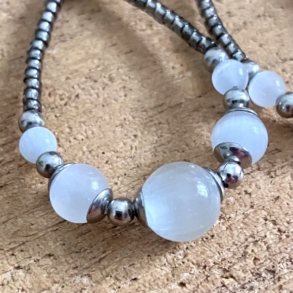 Natural Selenite Teardrop Hoop Earrings in Stainless Steel Handmade Artisan - Picture 7 of 10